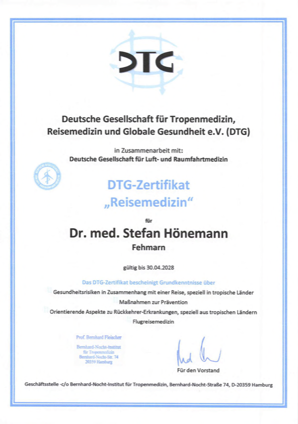 DTG-Zertifikat Reisemedizin – Dr. med. Stefan Hönemann